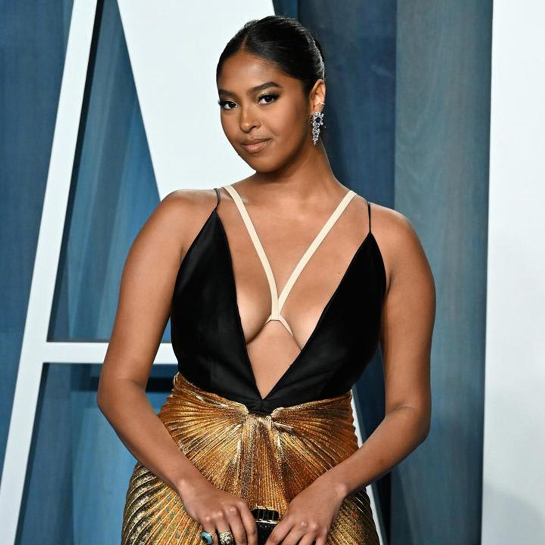 Natalia Bryant steals the show in plunging gold gown at Vanity Fair Oscar party