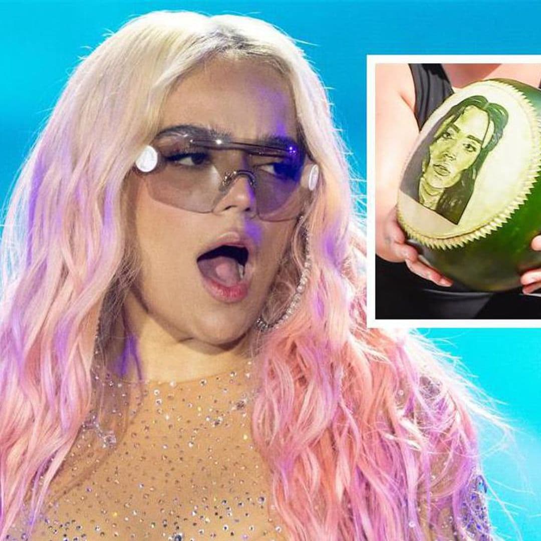 Karol G receives carved watermelon with her face on it: See her reaction
