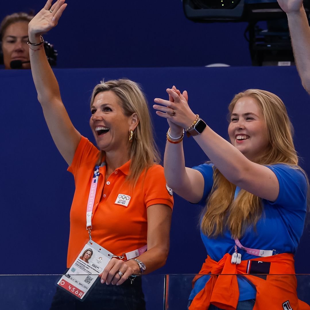 King Willem-Alexander of the Netherlands and Princess Amalia of the Netherlands and Princess Maxima of the Netherlands during the Women's Water polo Group A match between China and Netherlands on Day 3 of the Olympic Games Paris 2024