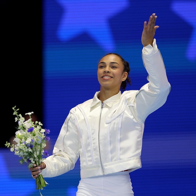 Hezly Rivera reacts after being selected for the 2024 U.S. Olympic Women's Gymnastics Team on Day Four of the 2024 U.S. Olympic Team Gymnastics Trials at Target Center on June 30, 2024, in Minneapolis, Minnesota. 