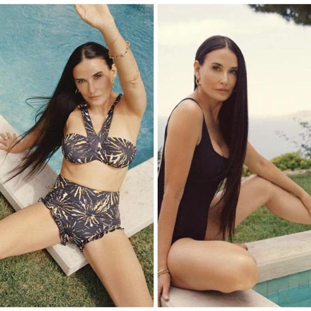 Demi Moore unveils swimsuit collection posing poolside in her own designs