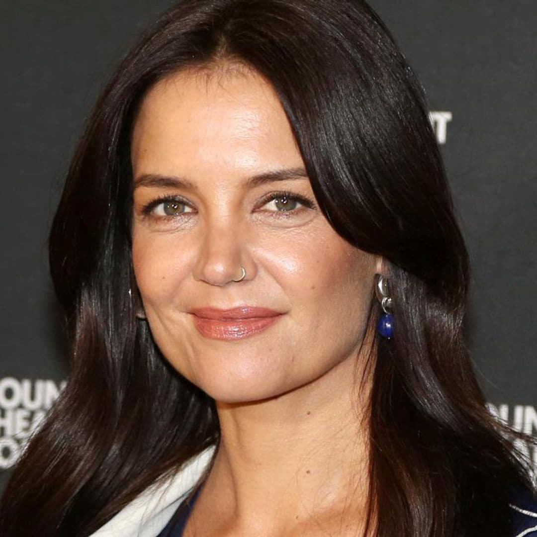 Katie Holmes looks stunning in vintage-inspired outfit and chunky gold hoops