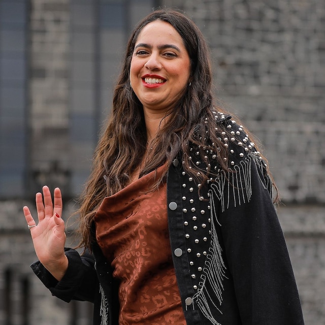 Montserrat Messeguer salutes during the Montserrat Messeguer show as part of the Mercedes-Benz Fashion Week Mexico
