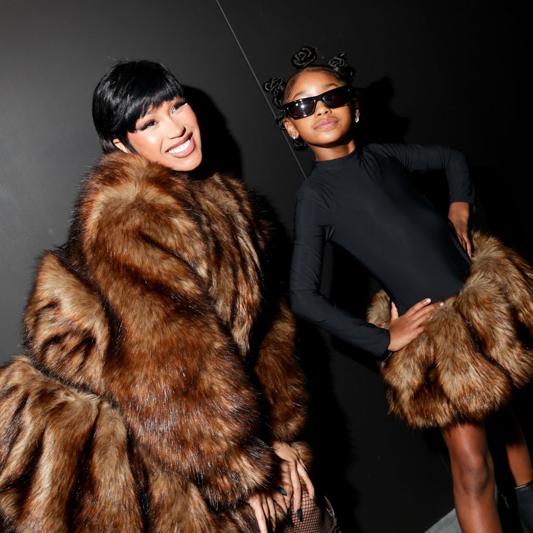 Cardi B and Daughter Kulture twin in mother–daughter matching fur outfits at New York Fashion Week