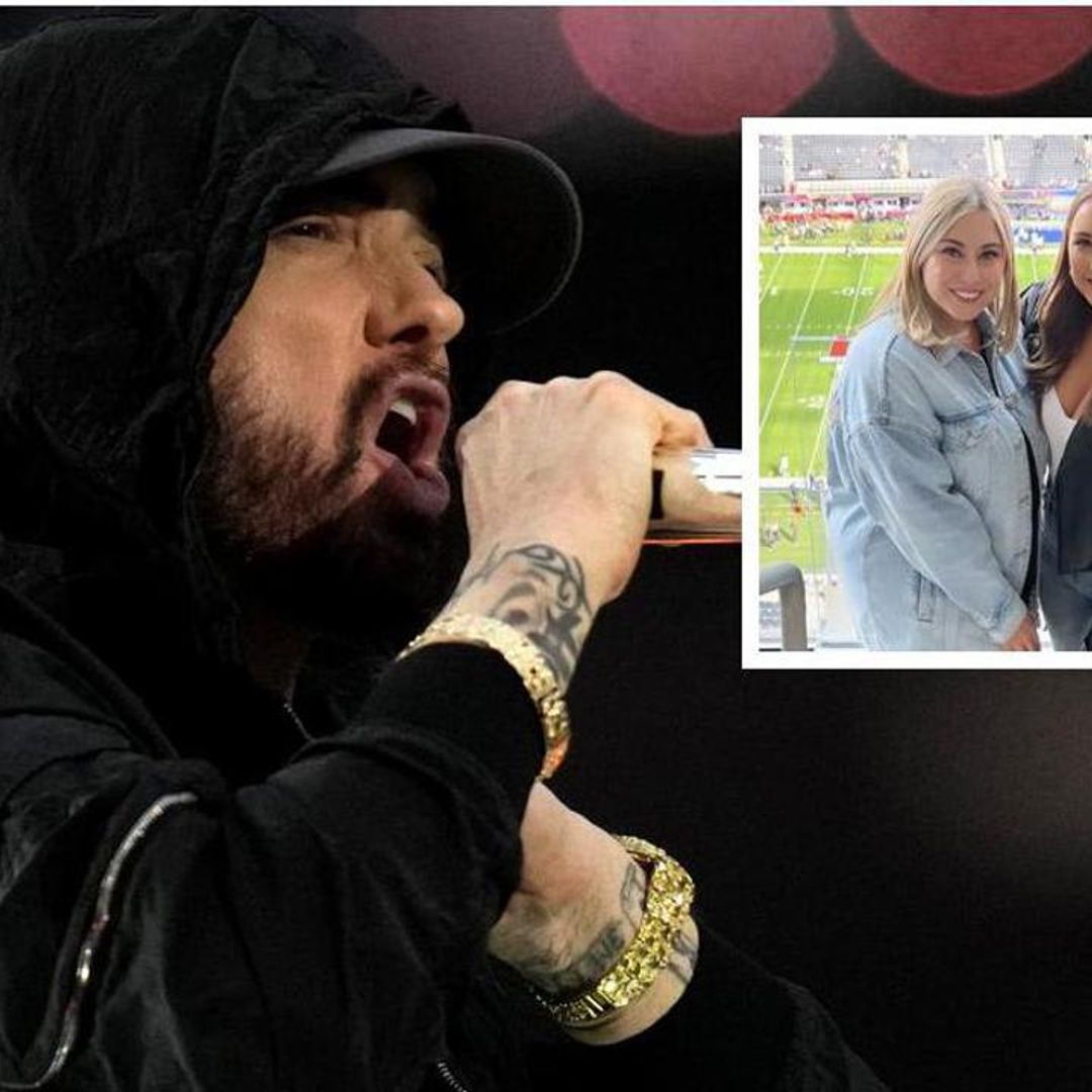 Eminem’s daughters Hailie and Alaina support their father as he takes a knee during Super Bowl Halftime Show