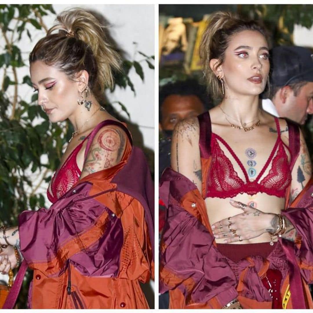 Paris Jackson shows off her tattoos in red lace bra and mini skirt during night out in Los Angeles