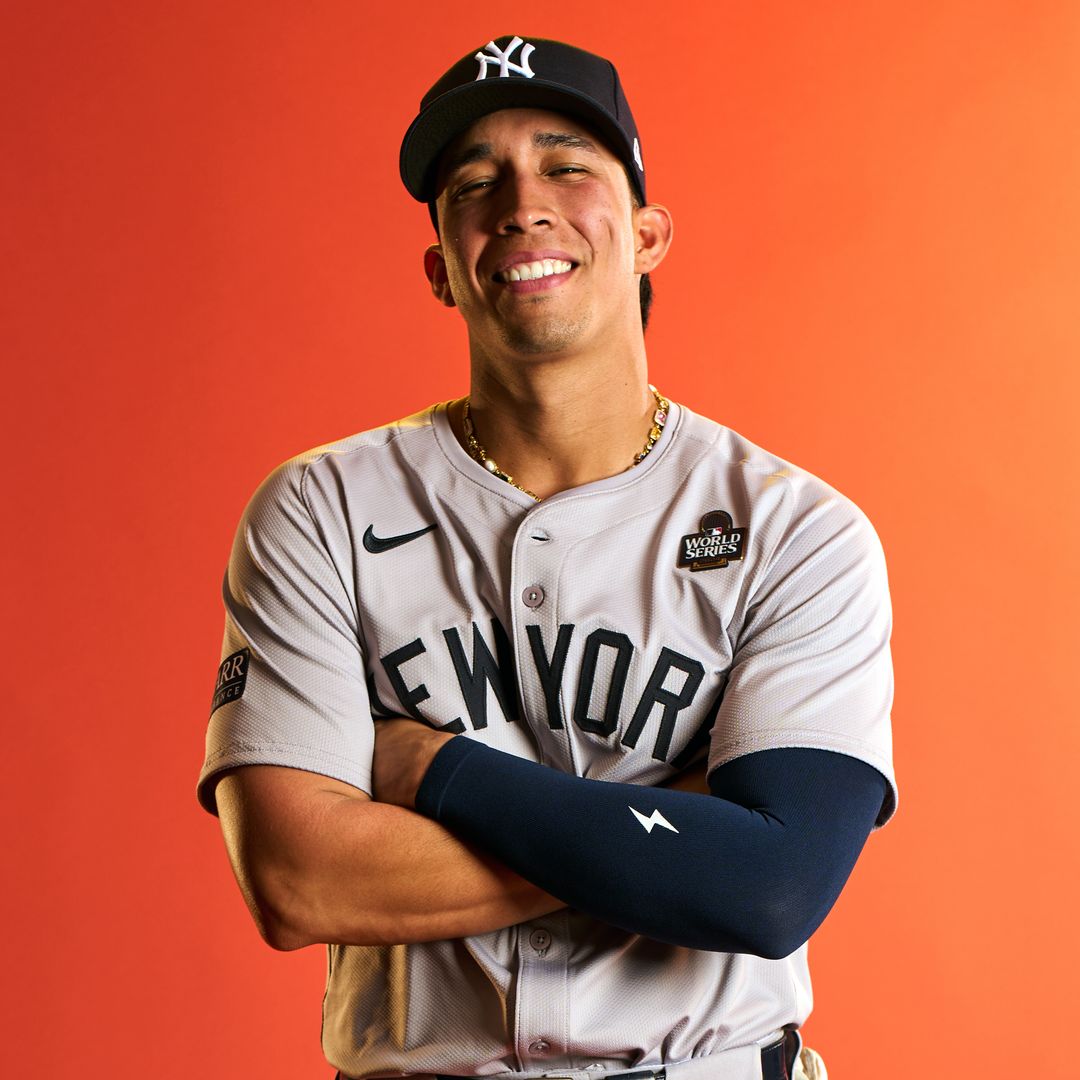 Oswaldo Cabrera #95 of the New York Yankees poses for a photo during the workout day before the 2024 World Series  at Dodger Stadium