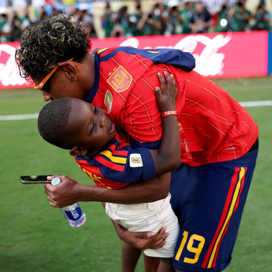 Lamine Yamal #19 of Spain celebrates with his little brother Keyne after the team's victory following the FIFA World Cup 2026 Final match between Spain and Argentina
