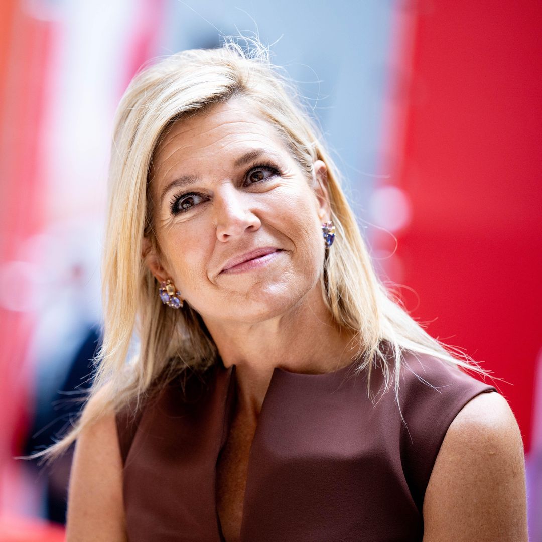 Queen Máxima steps out in chocolate brown and soft pink for an unexpected fall pairing in Amsterdam