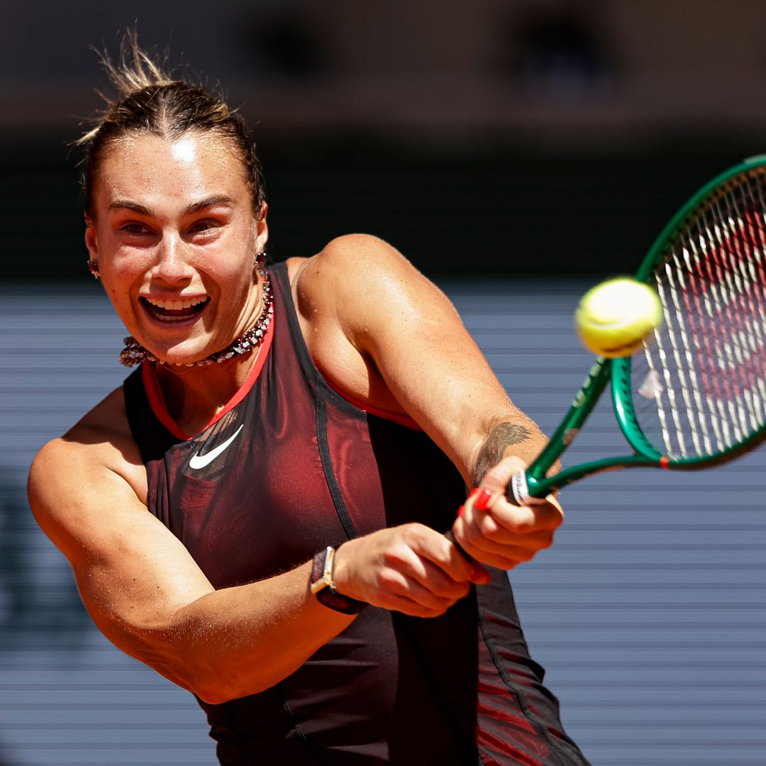 Aryna Sabalenka returns a backhand against Jessica Maneiro of Spain during Day Three of the 2026 French Open at Roland Garros on May 26, 2026 in Paris, France
