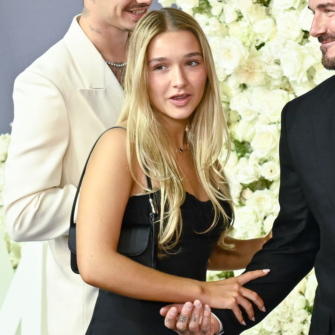 Harper Beckham steps out in satin and feathers at Holly Ramsay’s winter wedding