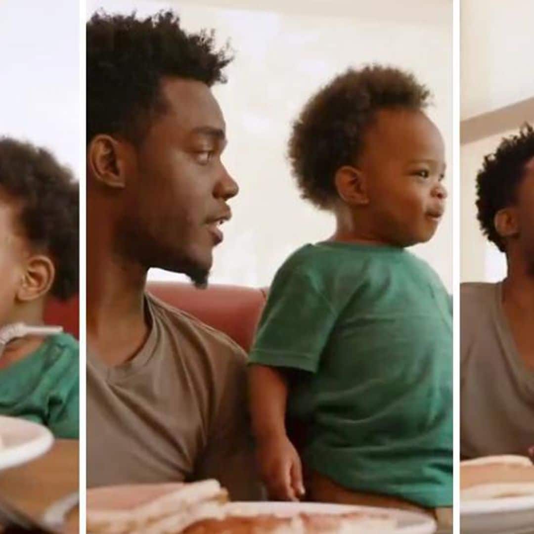 A star is born: Watch - Viral dad and baby talking on couch land adorable Dennys ad