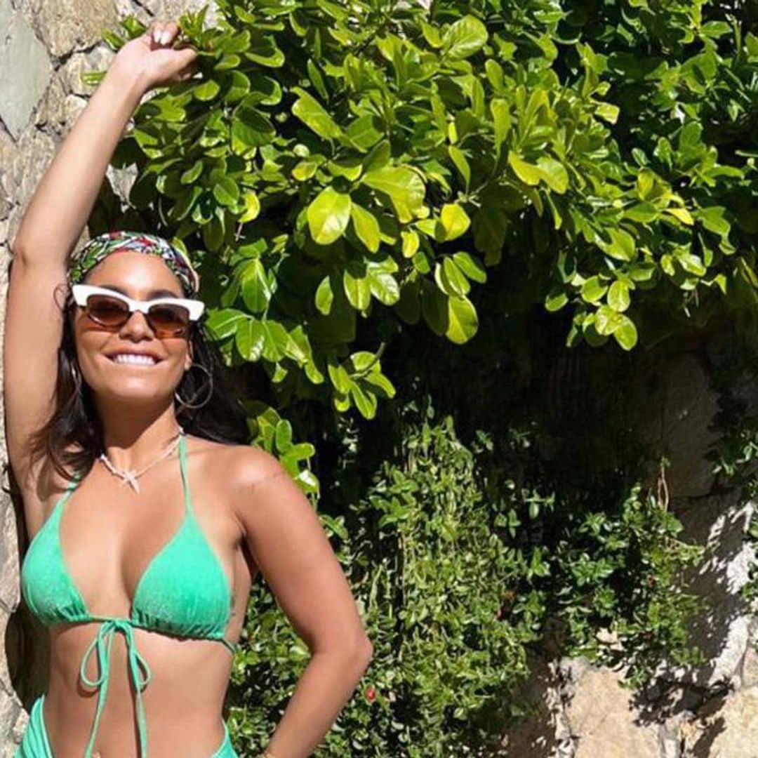 Vanessa Hudgens enjoys a vacation with friends, cactus water, and a bright bikini