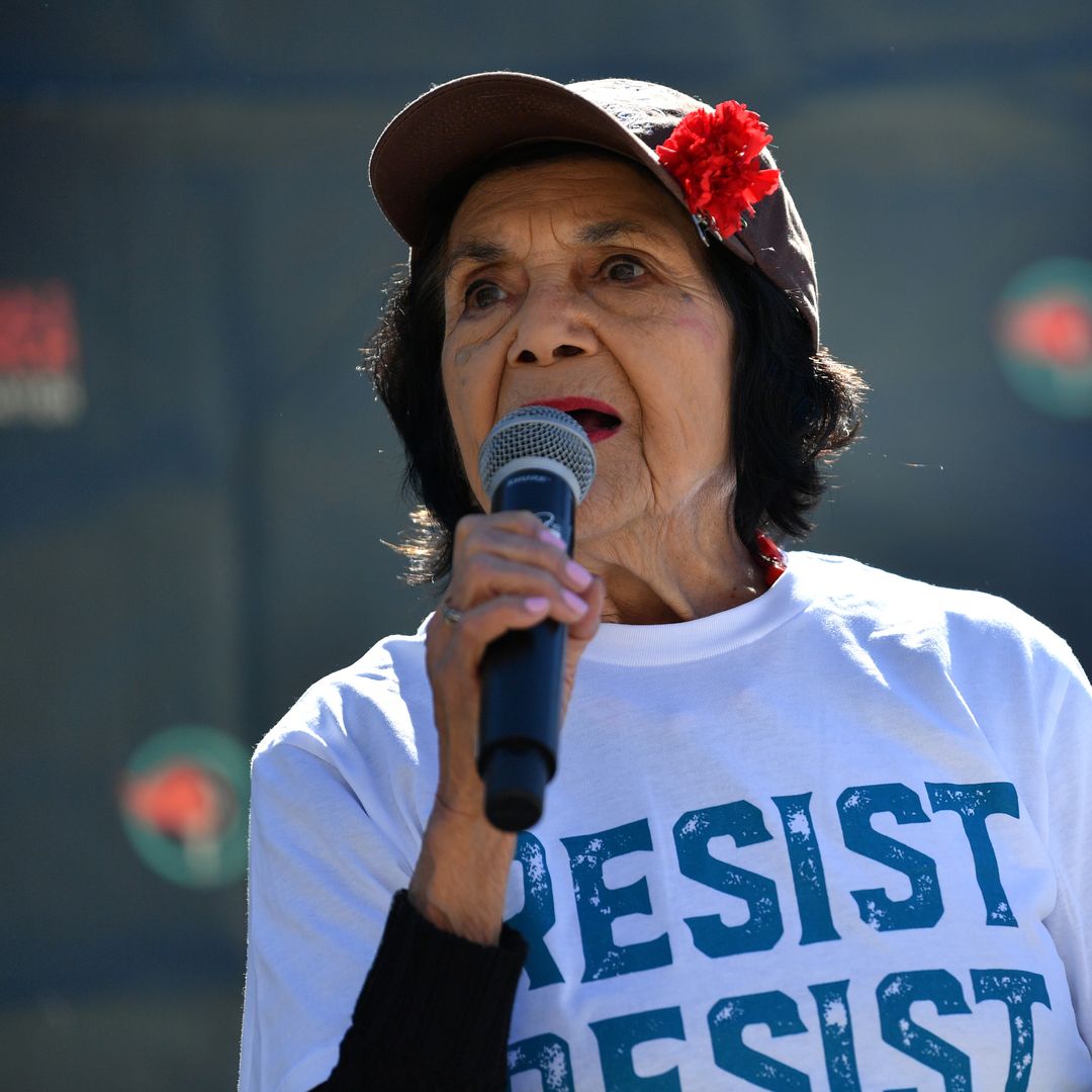 Dolores Huerta speaks during the International Women's Day march and rally hosted by the Women's March Foundation on March 08, 2025 