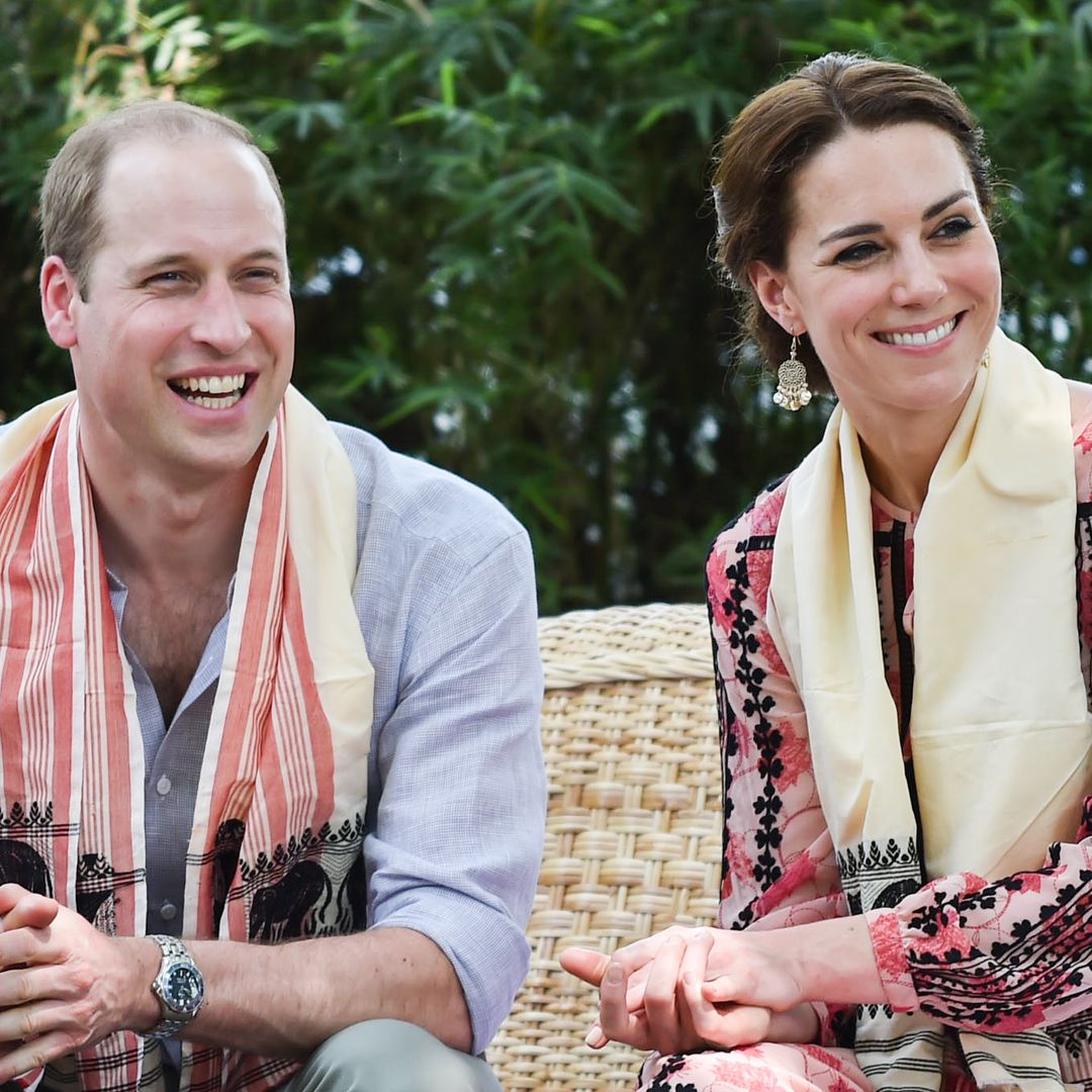 Prince William and Kate Middleton drinking a cup of tea as they visit the Centre for Wildlife Rehabilitation and Conservation at Kaziranga National in India in 2016