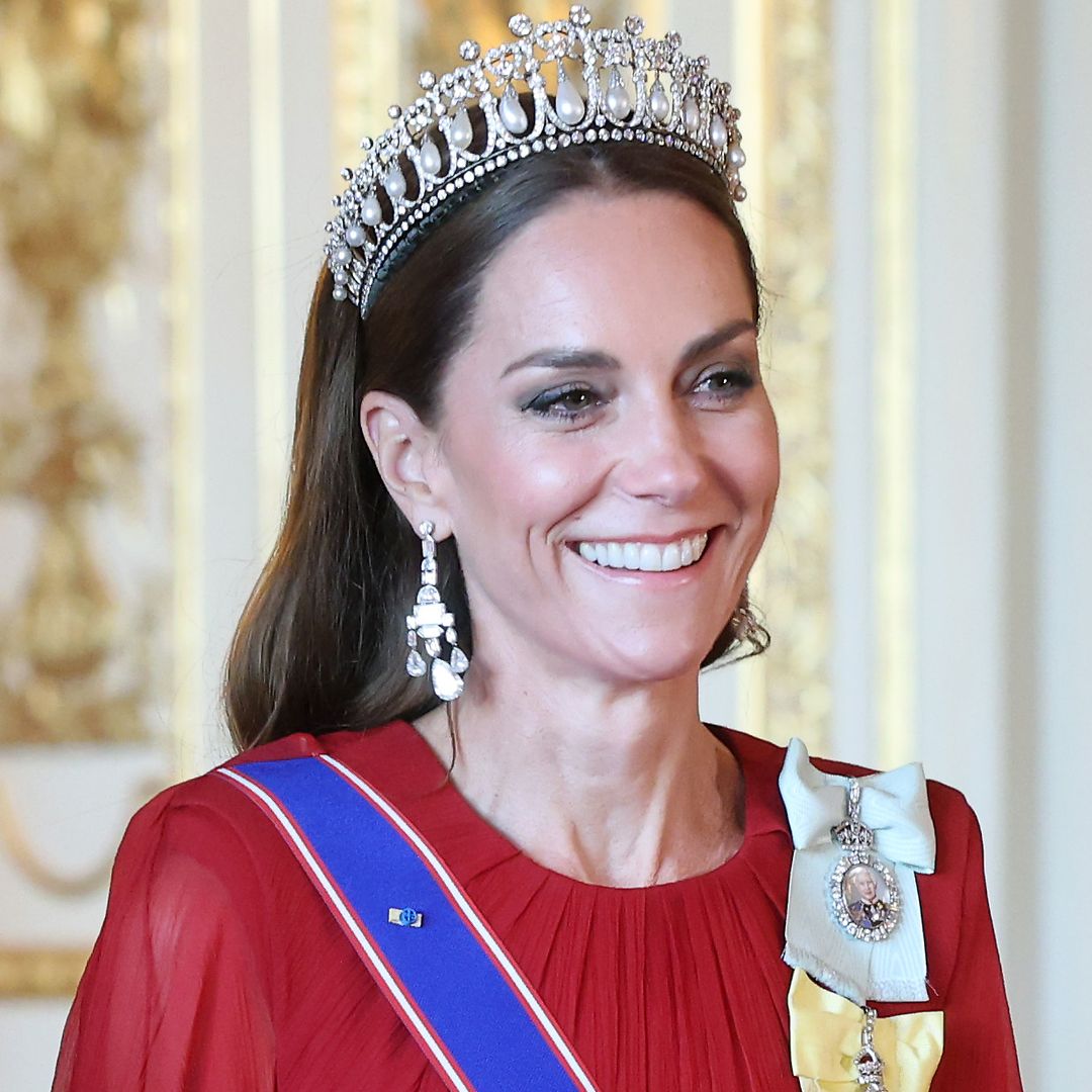 The Princess of Wales stuns for her first tiara appearance since 2023 wearing gown by her wedding dress designer
