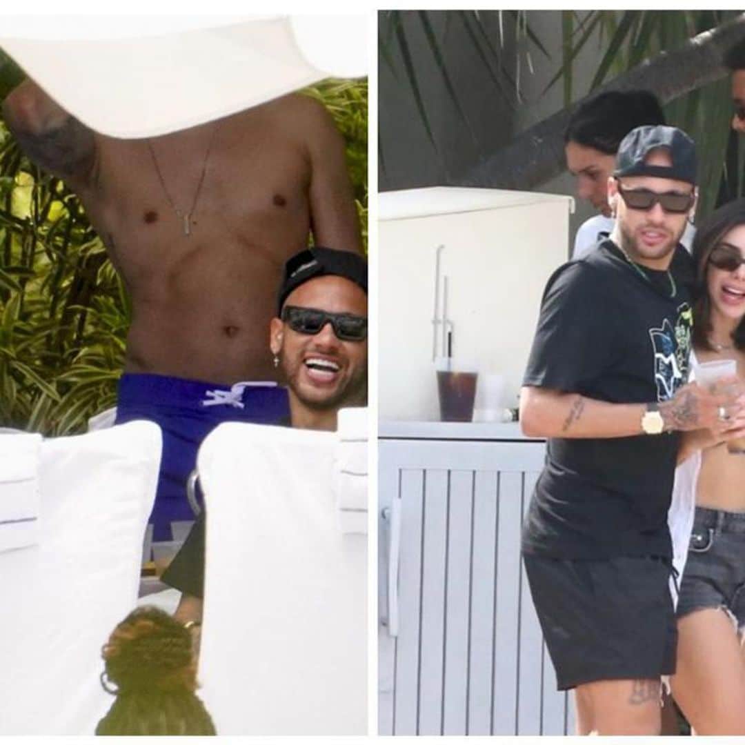 Neymar and his girlfriend Bruna Biancardi cuddle up at a pool party