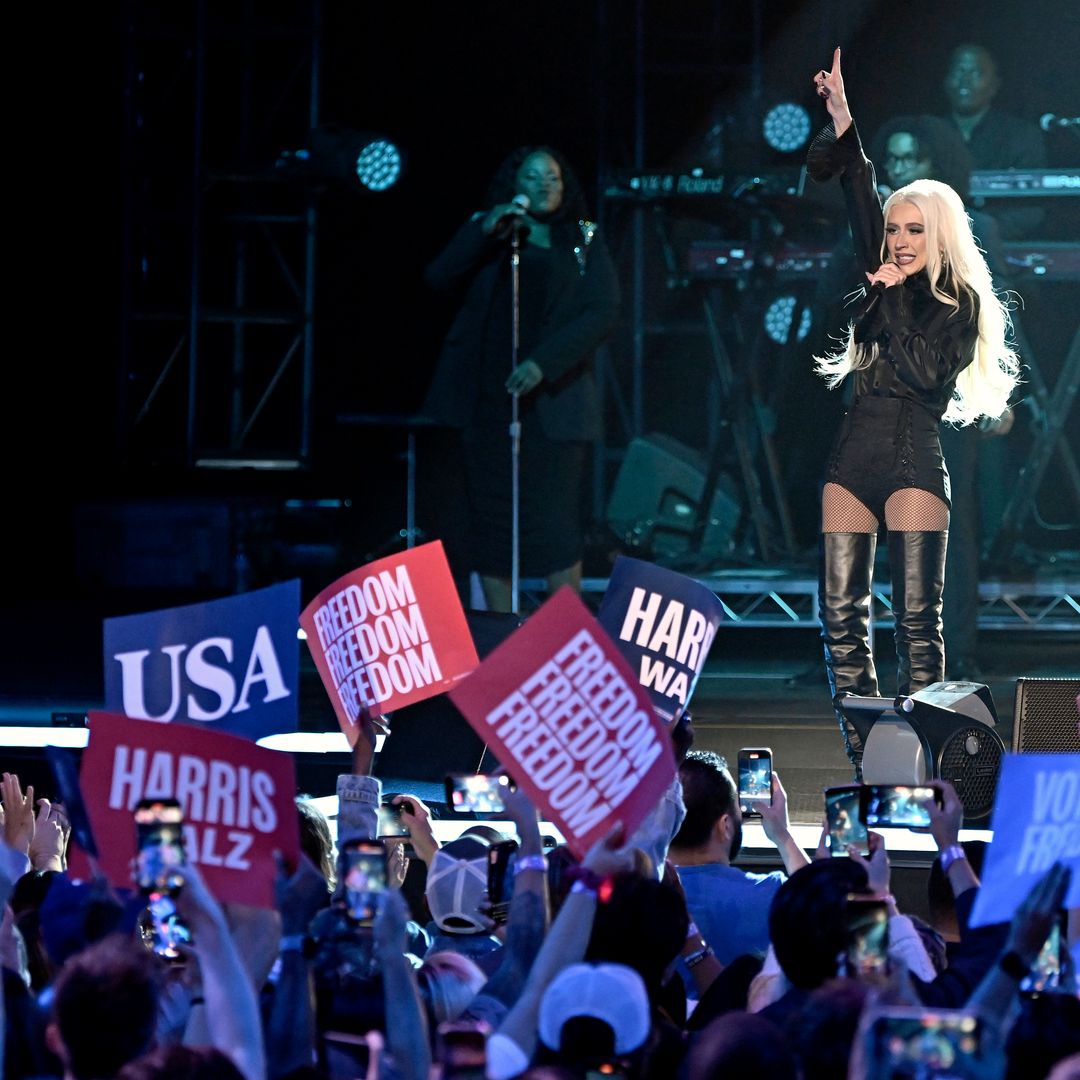 Christina Aguilera performs during the Kamala Harris election eve campaign rally at MGM Grand Garden Arena on November 04, 2024 in Las Vegas