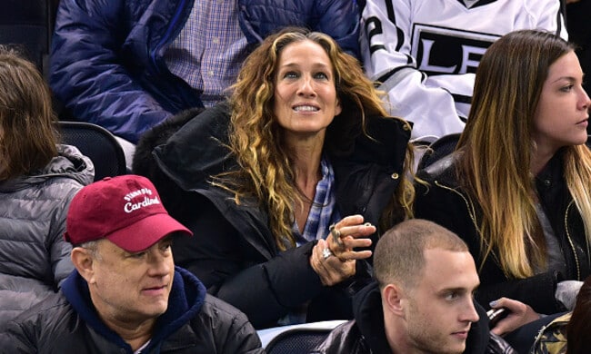 Sarah Jessica Parker multitasks while watching New York Rangers with her son