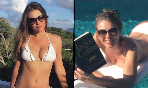 Elizabeth Hurley pays tribute to the late Jackie Collins while on vacation