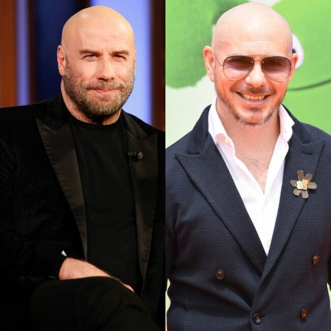 John Travolta reveals that Mr. 305 Pitbull motivated him to rock the bald look!