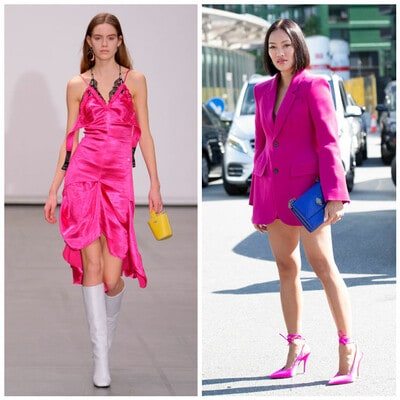 Pasarela de Masha Ma, modelo en street style y Nicole Scherzinger con prendas en neon pink