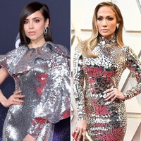 Sofia Carson takes a page out of Jennifer Lopez's red carpet look with silver mirror dress