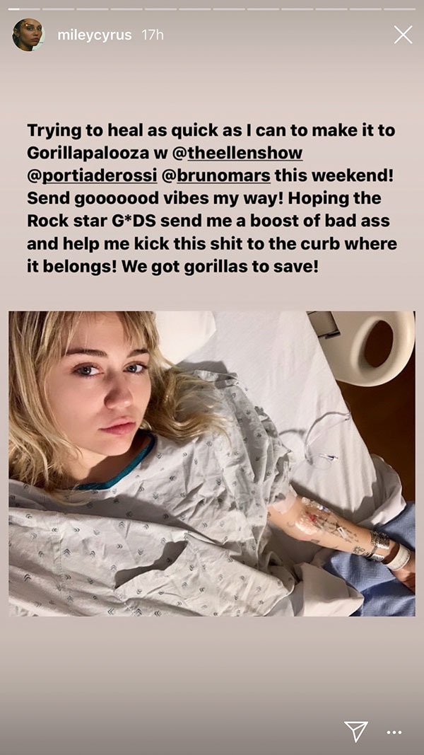 Miley Cyrus shares selfie from the hospital