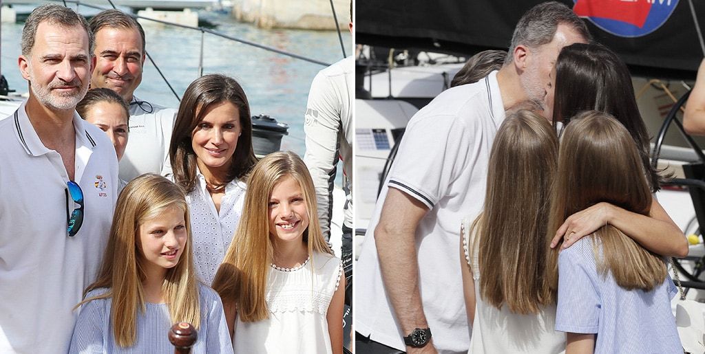 Queen Letizia and daughters cover King Felipe in kisses as they kick off Mallorca vacation
