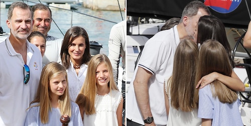 Queen Letizia and daughters cover King Felipe in kisses as they kick off Mallorca vacation
