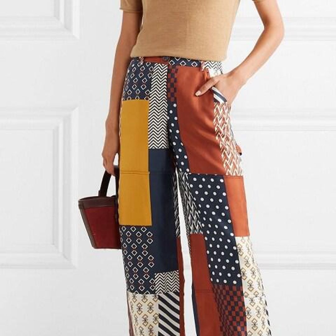 Denise patchwork printed silk-twill wide-leg pant de Tory Burch