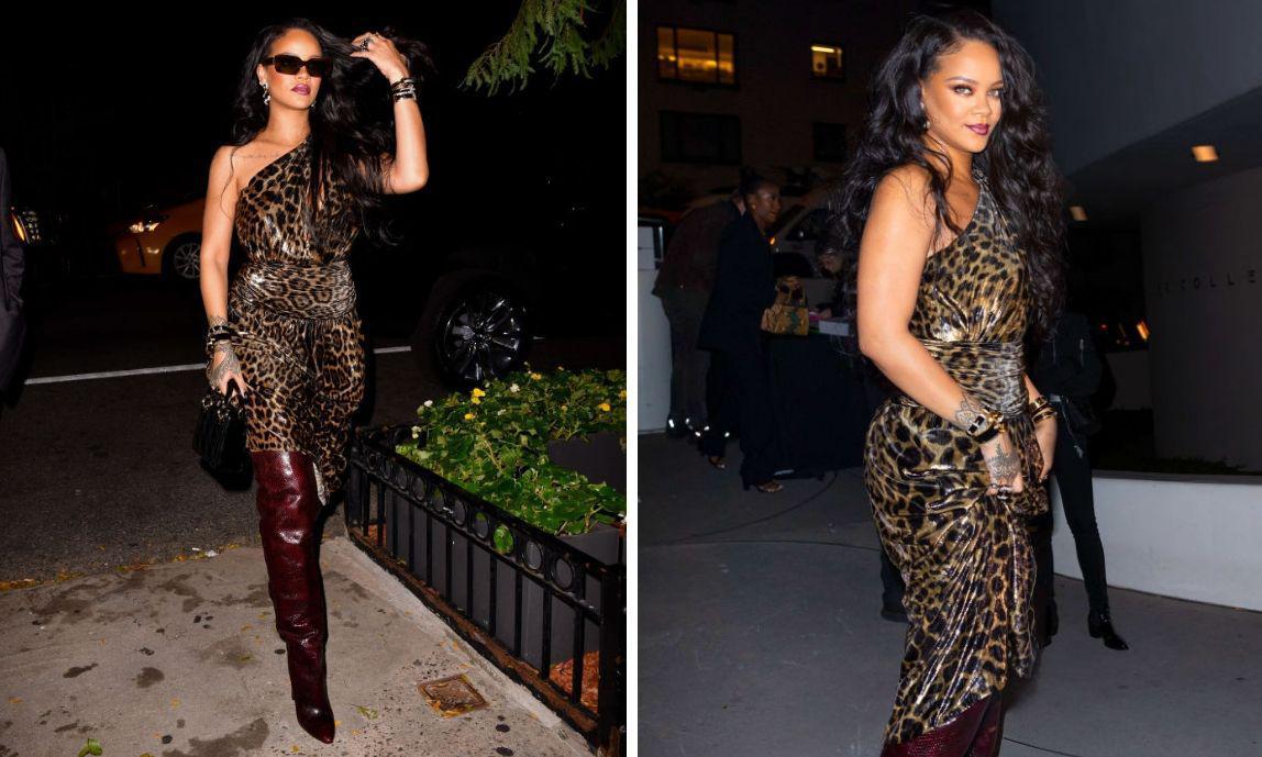 Rihanna in an animal print outfit by Saint Laurent
