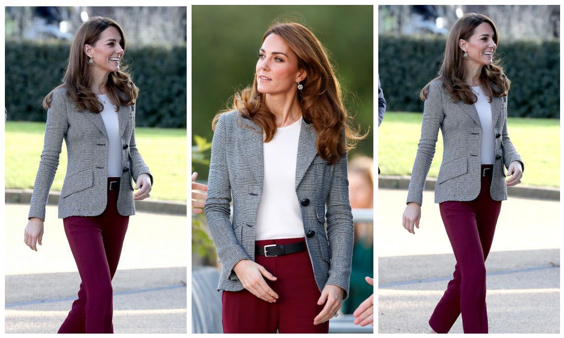 Kate Middleton con blazer con estampado a cuadros y pantalones de color