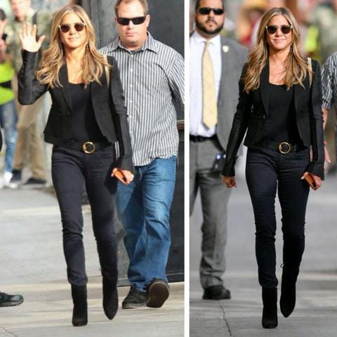 Jennifer Aniston luciendo un outfit oscuro