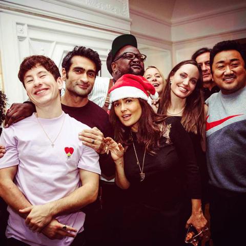 Salma Hayek and the eternals cast at Christmas