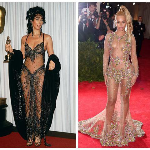 Collage de Cher, Beyoncé y Kim Kardashian con naked dress
