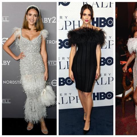 Jessica Alba, Eiza González, Beyoncé y Jeidi Klum con feather dresses