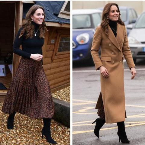 Kate Middleton wearing Massimo Dutti coat, Zara leopard print skirt 
