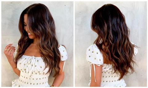 Collage of a woman with balayage