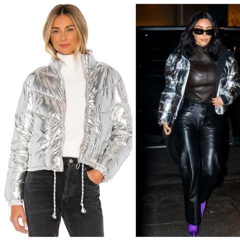 Collage de Kim Kardashian con metallic jacket y opciones de tiendas