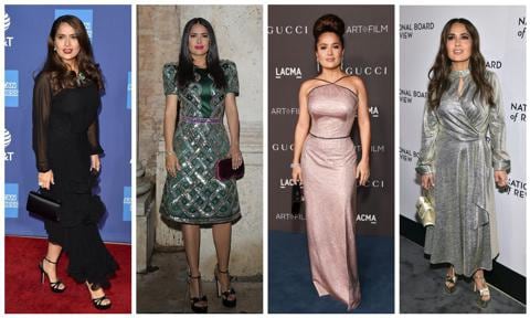 Salma Hayek demonstrates that necklines and shine are on your side when it comes to elongating your figure