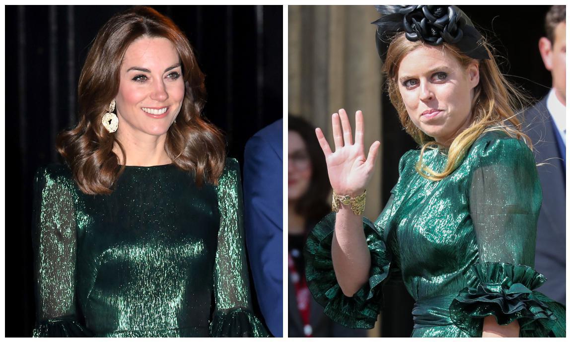 Collage of the Duchess of Cambridge and Princess Beatrice in green dresses
