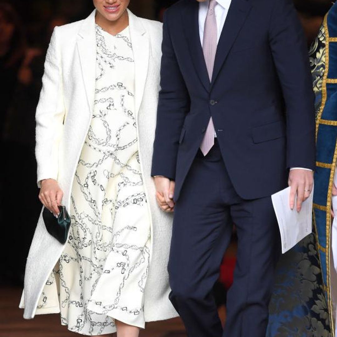 Meghan Markle in a Victoria Beckham chain print dress and Amanda Wakeley coat