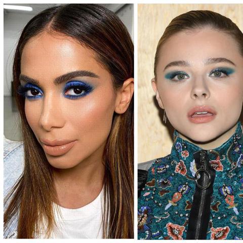 Collage de Anitta, Chloë Grace Moretz y Katy Perry con maquillaje azul