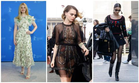 Elle Fanning, Cara Delevingne, and Bella Hadid in floral-print designs by Rodarte, Dior, and Versace, respectively