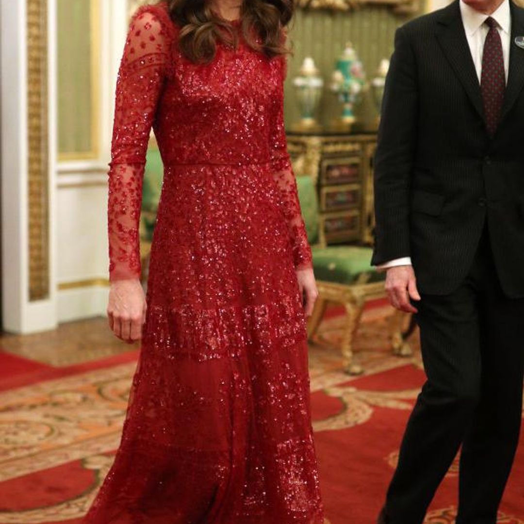 Kate Middleton wearing the Aurora gown by Needle & Thread and claret Gianvito Rossi pumps