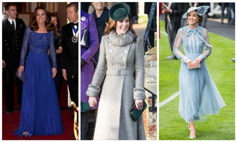 Kate Middleton con vestido rojo de Needle & Thread y dress coat en verde oscuro