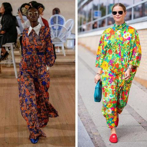 Un jumpsuit con estampado de flores es la prenda de moda en el street style
