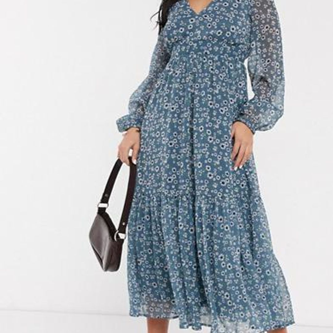 Vestido midi plisado de Vila de cintura elástica fruncida y mangas largas