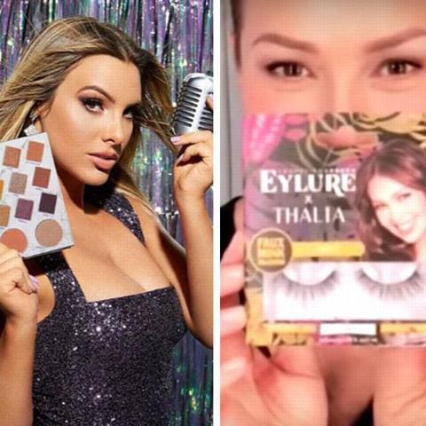 Lele Pons, Thalía, and Becky G promoting products from their makeup lines